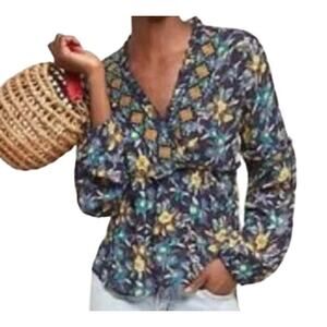 Meadow Rue Anthropologie Strasser Blue Sheer Floral Long Sleeve Blouse Large